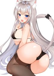 Rule 34 | 1girl, animal ears, ass, black bra, black panties, blue eyes, bra, breasts, brown thighhighs, cat ears, cat girl, cat tail, highres, katsushika pachi, large breasts, long hair, looking at viewer, open mouth, original, panties, saliva, silver hair, simple background, solo, tail, thighhighs, tongue, tongue out, underwear, underwear only, white background
