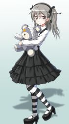 Rule 34 | 10s, 1girl, absurdres, bandages, black dress, blush, dress, girls und panzer, grey eyes, hair ribbon, hairband, highres, long hair, long sleeves, looking at viewer, mary janes, open mouth, pantyhose, ribbon, shimada arisu, shirt, shoes, silver hair, skirt, solo, striped clothes, striped pantyhose, stuffed animal, stuffed toy, teddy bear, telaform, twintails, white shirt