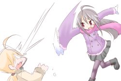 Rule 34 | 100 percent orange juice, 2girls, :d, afterimage, ahoge, black footwear, blonde hair, blush stickers, boots, brown coat, brown legwear, coat, commentary request, grey hair, grey skirt, hair between eyes, hono, in the face, jacket, long hair, long sleeves, low ponytail, mittens, multiple girls, official art, open mouth, pantyhose, pink scarf, pleated skirt, purple jacket, red eyes, saki (orange juice), scarf, simple background, skirt, smile, snow, snowball, snowball fight, standing, standing on one leg, suguri, suguri (orange juice), throwing, v-shaped eyebrows, very long hair, white background, white mittens