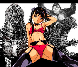 Rule 34 | 1girl, ape, black thighhighs, blue eyes, breasts, choker, cleavage, closed mouth, collarbone, commentary request, crossover, crotch seam, dinosaur, facing viewer, garter belt, garter straps, godzilla, godzilla (series), gorilla, hair ribbon, hand up, kaijuu, kamisimo 90, king kong, king kong (series), king kong vs. godzilla, legs, long hair, looking at viewer, navel, original, panties, ribbon, sitting, small breasts, spread legs, thighhighs, toho, twintails, twintails girl (kamisimo 90), underwear