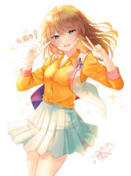Rule 34 | 1girl, 723/nanahumi, :d, absurdres, anzu (ensemble stars!), bad id, bad pixiv id, blue eyes, blue skirt, blush, breasts, brown hair, collared shirt, double v, dress shirt, ensemble stars!, fingernails, hair between eyes, hands up, highres, jacket, long hair, long sleeves, looking at viewer, medium breasts, open clothes, open jacket, open mouth, orange shirt, pleated skirt, shirt, simple background, skirt, sleeveless, sleeveless jacket, smile, solo, sparkle, v, white background, white jacket