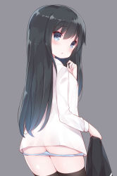 Rule 34 | 10s, 1girl, asashio (kancolle), ass, black hair, black thighhighs, blue eyes, blue panties, blush, butt crack, kantai collection, long hair, looking at viewer, looking back, panties, panty pull, simple background, solo, thighhighs, underwear, undressing, watanon (gakushokutei)