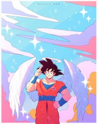 Rule 34 | 1boy, angel, angel wings, black eyes, black hair, cloud, cloudy sky, dougi, dragon ball, dragonball z, feathered wings, halo, hand on own hip, highres, long hair, looking at viewer, muscular, muscular male, salute, sky, smile, solo, son goku, spiked hair, sweatband, veronik owo, white wings, wings