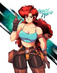 Rule 34 | 1girl, armband, bandaid, bandaid on face, belt, belt pouch, black pants, boots, borrowed character, breasts, brown gloves, camisole, cleavage, copyright name, finger gun, gloves, harleequeen, highres, large breasts, long hair, looking at viewer, maria (space maria), midriff, multiple belts, navel, pants, pouch, red eyes, red hair, sleeveless, solo, space, space maria, spaghetti strap, thick thighs, thigh boots, thighhighs, thighs, very long hair, wrist wrap