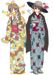 Rule 34 | 2girls, blue kimono, blush, bow, braid, brown eyes, crossed arms, earrings, food, fruit, ginkou (atmzh), grey headwear, hair bow, hands up, hat, high heels, highres, japanese clothes, jewelry, kimono, lemon, lipstick, long hair, makeup, multiple girls, obi, okobo, orange (fruit), orange slice, original, polka dot, polka dot bow, print kimono, red lips, sandals, sash, short hair, simple background, standing, white legwear, wide sleeves