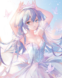 Rule 34 | 1girl, alternate costume, arms up, artist name, bad id, bad pixiv id, blue dress, blue eyes, blue hair, blue sky, breasts, bug, butterfly, collarbone, cowboy shot, cown, day, detached sleeves, dress, eyebrows hidden by hair, hatsune miku, highres, insect, light, long hair, looking at viewer, outdoors, parted lips, qie, short sleeves, sky, small breasts, smile, solo, strapless, strapless dress, sunlight, twintails, very long hair, vocaloid