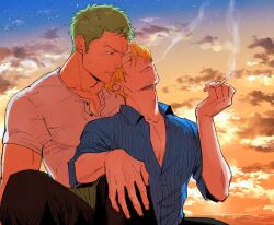 Rule 34 | 2boys, beard, black eyes, blonde hair, blowing smoke, blue sky, cigarette, cloud, colored skin, facial hair, flustered, green hair, haramaki, highres, holding, holding cigarette, kzwtr8, leaning on person, looking at another, male focus, mature male, multiple boys, one piece, orange sky, pectoral cleavage, pectorals, roronoa zoro, sanji (one piece), shirt, sitting, sky, tan, thick arms, white shirt, white skin, yaoi