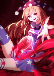 Rule 34 | 1girl, alternate legwear, american flag dress, american flag legwear, blonde hair, clownpiece, collar, cup, dress, drinking glass, frilled collar, frilled shirt collar, frills, glass, hat, highres, jester cap, jpeg artifacts, long hair, looking at viewer, neck ruff, outstretched arms, polka dot, red eyes, sh (shinh), short dress, sitting, smile, solo, star (symbol), striped clothes, striped thighhighs, thighhighs, touhou