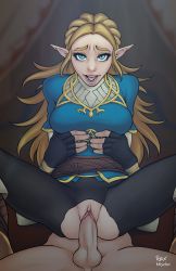 Rule 34 | 1boy, 1girl, ass, blonde hair, blue top, boots, breasts, clitoris, clothed female nude male, clothed sex, fingerless gloves, gloves, green eyes, hetero, highres, lips, miycko, nintendo, nude, pants, penis, princess zelda, pussy, r-ex, sex, the legend of zelda, the legend of zelda: breath of the wild, thighs, tongue, torn clothes, triforce, uncensored, vaginal