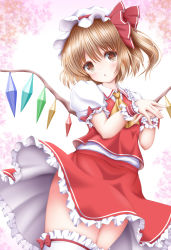 Rule 34 | 1girl, :o, akino irori, ascot, blonde hair, cherry blossoms, commentary request, cropped legs, day, flandre scarlet, floating clothes, hat, hat ribbon, head tilt, highres, looking at viewer, mob cap, one side up, outdoors, own hands together, petticoat, puffy short sleeves, puffy sleeves, red skirt, red vest, ribbon, shirt, short hair, short sleeves, skirt, skirt set, solo, thighhighs, touhou, vest, white hat, white shirt, white thighhighs, wind, wind lift, wings, wrist cuffs, yellow ascot