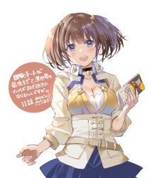 Rule 34 | 1girl, :d, black choker, blue eyes, blue skirt, blush, breasts, brown background, brown hair, brown jacket, choker, cleavage, collarbone, commentary request, dannoura tomochika, flower, hair flower, hair ornament, highres, holding, jacket, long sleeves, looking at viewer, medium breasts, naruse chisato, open mouth, pleated skirt, puffy long sleeves, puffy sleeves, skirt, smile, sokushi cheat ga saikyou sugite isekai no yatsura ga marude aite ni naranai n desu ga, solo, translation request, twintails, two-tone background, white background, yellow flower