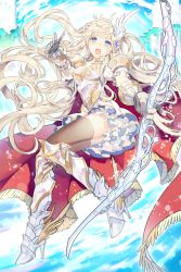 Rule 34 | 1girl, armor, armored dress, blonde hair, blue eyes, bow (weapon), cloak, frills, gauntlets, gearous, gloves, greaves, long hair, open mouth, original, pauldrons, shoulder armor, solo, thighhighs, weapon