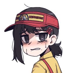 Rule 34 | 1girl, black eyes, black hair, blush, breaking bad, chainsaw man, clenched teeth, commentary, hair ornament, hairclip, hat, higashiyama kobeni, karepack, looking at viewer, los pollos hermanos, low ponytail, mole, mole under eye, mole under mouth, multiple moles, ponytail, red hat, shirt, short ponytail, simple background, single sidelock, solo, sweatdrop, symbol-only commentary, tearing up, teeth, turning head, upper body, visor cap, white background, yellow shirt