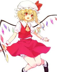 Rule 34 | 1girl, :d, ascot, blonde hair, bloomers, crystal, fang, flandre scarlet, hat, hat ribbon, honotai, knees together feet apart, mob cap, open mouth, pointy ears, puffy sleeves, red eyes, ribbon, shirt, shoes, short hair, short sleeves, side ponytail, simple background, skirt, skirt set, smile, socks, solo, touhou, underwear, upskirt, vest, white background, white socks, wings, wrist cuffs