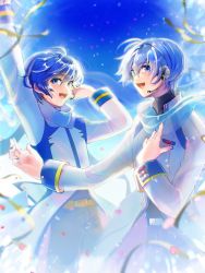 Rule 34 | 2boys, :d, blue eyes, blue hair, blue theme, coat, dual persona, falling petals, highres, kaito (vocaloid), kaito (vocaloid3), long sleeves, male focus, multiple boys, open mouth, party popper, petals, scarf, short hair, sky, smile, vocaloid, xhinokox