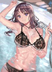 Rule 34 | 1girl, areola slip, bathtub, black panties, blurry, bokeh, breasts, breasts apart, brown hair, collarbone, commentary, cowboy shot, depth of field, from above, head tilt, indoors, jewelry, large breasts, necklace, open mouth, original, panties, parted bangs, ran&#039;ou (tamago no kimi), see-through, shower head, showering, solo, underwear, underwear only, wet, wet bra, wet clothes, wet hair, wet panties