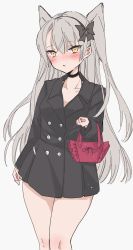 Rule 34 | 1girl, alternate costume, amatsukaze (kancolle), bag, black dress, black hairband, brown eyes, buttons, chigasaki yukari, choker, commentary request, cowboy shot, double-breasted, dress, hairband, highres, kantai collection, long hair, looking at viewer, short dress, silver hair, simple background, solo, standing, two side up, white background