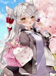 Rule 34 | 1girl, amatsukaze (kancolle), black jacket, blush, cherry blossoms, day, grey hair, grey hoodie, hair tubes, highres, holding, hood, hoodie, irokiiro, jacket, kantai collection, long hair, long sleeves, open clothes, open jacket, open mouth, outdoors, petals, smile, solo, spring (season), two side up, upper body, yellow eyes