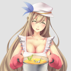 Rule 34 | 1girl, ^ ^, aircraft, airplane, apron, blonde hair, blush, breasts, cleavage, closed eyes, closed eyes, food, highres, l.sy, large breasts, lexington (warship girls r), long hair, naked apron, oven mitts, pot, smile, solo, soup, teeth, warship girls r