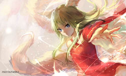 Rule 34 | 1girl, animal ears, blonde hair, blue eyes, dress, fox ears, fox tail, highres, long hair, long sleeves, looking at viewer, multiple tails, original, outstretched arm, pixiv fantasia, pixiv fantasia t, red dress, sishenfan, solo, tail, wide sleeves, wind