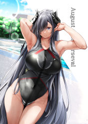 Rule 34 | 1girl, alternate costume, armpits, arms up, august von parseval (azur lane), azur lane, bare shoulders, black horns, black one-piece swimsuit, blue eyes, blue sky, breasts, chain-link fence, character name, closed mouth, cloud, collarbone, commentary request, competition swimsuit, covered navel, cowboy shot, curled horns, day, fence, grey hair, groin, hair between eyes, hair over one eye, highleg, highres, horns, large breasts, lens flare, long hair, mechanical horns, one-piece swimsuit, oriue wato, outdoors, page number, pool, poolside, sidelocks, sky, solo, standing, swimsuit, thigh gap, very long hair, wet