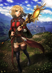 Rule 34 | 1girl, armor, belt, blonde hair, boots, breasts, castle, cloud, cloudy sky, coattails, day, dragon&#039;s dogma, dragon&#039;s dogma (series), green eyes, highres, landscape, long coat, nature, pauldrons, pawn (dragon&#039;s dogma), pencil skirt, short hair, shoulder armor, skirt, sky, small breasts, solo, staff, sunburst, tailcoat, thigh boots, thighhighs, wristband, yuki tajima