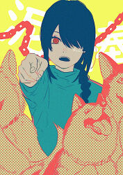 Rule 34 | 1girl, blue hair, blue sweater, braid, braided ponytail, chain, chainsaw man, hair over one eye, halftone, highres, husky, looking at viewer, medium hair, meltykiss0316, nayuta (chainsaw man), open mouth, pointing, pointing at viewer, red eyes, ringed eyes, sweater, tongue, tongue out, twitter username