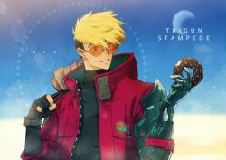 Rule 34 | 1boy, black gloves, black sweater, blonde hair, blue sky, character name, collared jacket, day, dogdogwanwan, doughnut, food, glasses, gloves, grin, highres, holding, holding food, holding sack, jacket, long sleeves, looking at food, male focus, mechanical arms, moon, open clothes, open jacket, open mouth, orange-tinted eyewear, outdoors, partially fingerless gloves, red jacket, rimless eyewear, sack, single mechanical arm, sky, smile, solo, stitches, sweater, teeth, tinted eyewear, trigun, trigun stampede, turtleneck, turtleneck sweater, undercut, upper body, vash the stampede, zipper
