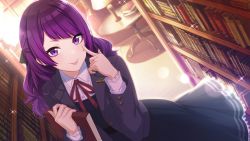 Rule 34 | akanbe, backlighting, book, buttoned cuffs, buttons, eyelid pull, idolmaster, idolmaster shiny colors, official art, purple eyes, purple hair, sparkle, tanaka mamimi, tongue, tongue out