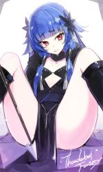 Rule 34 | 1girl, arrow (projectile), ass, black footwear, blue hair, blunt bangs, boots, flat chest, knee boots, lie mei (thunderbolt fantasy), long hair, looking at viewer, minoa (lastswallow), red eyes, side ponytail, sitting, solo, thunderbolt fantasy
