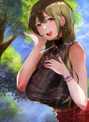 Rule 34 | 1girl, ahoge, bare shoulders, belt, black shirt, blue sky, blush, bracelet, breasts, brown hair, earrings, hair over shoulder, highres, hotate-chan, idolmaster, idolmaster shiny colors, jewelry, kuwayama chiyuki, large breasts, light rays, long hair, looking at viewer, open mouth, outdoors, red skirt, shirt, side ponytail, skirt, sky, sleeveless, smile, solo, sunlight, tree, yellow eyes