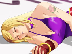 Rule 34 | 1girl, a-ru (dn1217), bare shoulders, belt, blonde hair, breasts, choker, cleavage, closed mouth, defeat, dress, fatal fury, fingerless gloves, flower tattoo, garou: mark of the wolves, gloves, highres, jenet behrn, large breasts, long hair, parted lips, purple choker, purple dress, red gloves, ringlets, ryona, solo, sweat, tattoo, the king of fighters, the king of fighters xv, unconscious