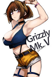 Rule 34 | 1girl, armpits, bracelet, breasts, brown hair, character name, cleavage, commentary, commission, english text, girls&#039; frontline, grizzly mkv (girls&#039; frontline), grizzly mkv (weekend cop) (girls&#039; frontline), hair ornament, highres, jewelry, kojima (blue stardust), large breasts, official alternate costume, open mouth, pixiv commission, purple eyes, scrunchie, short hair, short ponytail, short shorts, shorts, signature, skindentation, solo, symbol-only commentary, tank top, yellow shorts