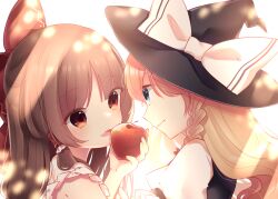 Rule 34 | 2girls, apple, backlighting, bare shoulders, black headwear, black vest, blonde hair, blue eyes, bow, braid, brown hair, cacao (cacaomgmg), close-up, closed mouth, eye contact, food, frilled hair tubes, frilled sleeves, frills, from side, fruit, hair bow, hair tubes, hakurei reimu, hat, hat bow, highres, holding, holding food, holding fruit, kirisame marisa, long hair, looking at another, multiple girls, open mouth, puffy short sleeves, puffy sleeves, red apple, red bow, red eyes, shirt, short sleeves, simple background, single braid, sleeveless, sleeveless shirt, touhou, vest, white background, white bow, white shirt, witch hat