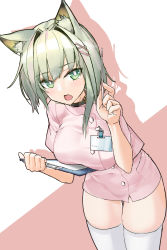 Rule 34 | 1girl, absurdres, animal ear fluff, animal ears, aoi lavender, arknights, asymmetrical hair, breasts, clipboard, collar, commentary request, cowboy shot, dress, green eyes, green hair, hair ornament, hairclip, hands up, highres, holding, holding clipboard, holding thermometer, id card, kal&#039;tsit (arknights), large breasts, leaning forward, liquid-in-glass thermometer, looking at viewer, medical scrubs, medium hair, nurse, open mouth, pink background, pink dress, shadow, short sleeves, skindentation, solo, thermometer, thigh gap, thighhighs, thighs, two-tone background, white background, white thighhighs
