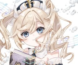 Rule 34 | 1girl, barbara (genshin impact), blonde hair, blue eyes, blue gemstone, book, closed mouth, detached collar, eyes visible through hair, gem, genshin impact, hair ribbon, long hair, looking at viewer, musical note, plum0o0, ribbon, simple background, smile, solo, staff (music), twintails, upper body, white background, white ribbon