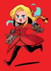 Rule 34 | 1girl, alchemist (sekaiju), black footwear, blonde hair, blush stickers, boots, braid, brown gloves, dress, etrian odyssey, full body, gloves, green eyes, highres, long hair, motimamire, no nose, open mouth, red background, red dress, running, shadow, simple background, solo, thigh boots