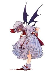 Rule 34 | 1girl, ascot, bat wings, blood, blood on clothes, blood on face, blood splatter, bow, clothes lift, collar, collared shirt, footwear bow, frilled collar, frilled cuffs, frilled hat, frilled skirt, frilled sleeves, frills, hat, hat bow, high heels, highres, hua88331, large bow, mob cap, pink shirt, pink skirt, puffy short sleeves, puffy sleeves, purple hair, red ascot, red bow, red eyes, remilia scarlet, shirt, short hair, short sleeves, simple background, skirt, skirt lift, skirt set, solo, touhou, weapon, wings, wrist cuffs