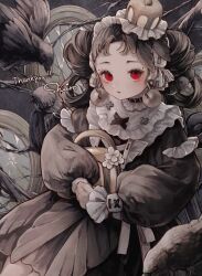 Rule 34 | 1girl, black choker, black hair, choker, collar, commission, dress, frilled collar, frilled dress, frills, highres, looking at viewer, original, parted bangs, puffy sleeves, red eyes, shiiro illust, skeb commission, solo