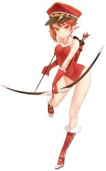 Rule 34 | 1girl, arrow (projectile), player character (mabinogi), boots, bow (weapon), character request, competition school swimsuit, elbow gloves, full body, gloves, hat, mabinogi, mx2j, one-piece swimsuit, pointy ears, quiver, red eyes, red gloves, red hair, red one-piece swimsuit, red theme, school swimsuit, solo, swimsuit, weapon, white background