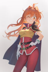 1girl absurdres armor belt black_belt black_cape breasts cape commentary_request gloves hair_between_eyes highres lina_inverse long_hair looking_at_viewer niliu_chahui one_eye_closed orange_eyes orange_hair pants red_pants revision shoulder_armor slayers small_breasts smile solo standing very_long_hair white_gloves