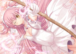 Rule 34 | 10s, 1girl, bow, bow (weapon), breasts, cleavage, dress, euforia, feathers, gloves, hair bow, hair ribbon, kaname madoka, long hair, magical girl, mahou shoujo madoka magica, mahou shoujo madoka magica (anime), one eye closed, outstretched arm, pink hair, ribbon, smile, solo, spoilers, twintails, two side up, ultimate madoka, weapon, wings, wink, yellow eyes