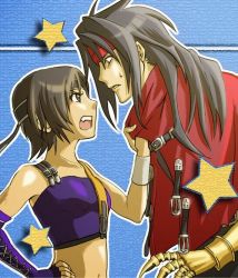 Rule 34 | 1990s (style), 1boy, 1girl, bikini, bikini top only, blue background, brown eyes, brown hair, clothes grab, coat, dark skin, dirge of cerberus final fantasy vii, final fantasy, final fantasy vii, hand on own hip, headband, looking at viewer, navel, open mouth, parted lips, red coat, retro artstyle, short hair, simple background, star (symbol), sweatdrop, swimsuit, teeth, upper body, vincent valentine, yuffie kisaragi