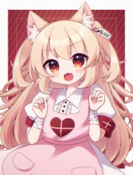 Rule 34 | 1girl, :d, absurdres, animal ears, apron, armband, bandaged arm, bandages, blonde hair, blush, cat ears, center frills, collared shirt, commentary request, diagonal stripes, fang, frills, heart, highres, kemonomimi mode, long hair, looking at viewer, multicolored hair, natori sana, open mouth, pink apron, price tag, red eyes, rensei, sana channel, shirt, skirt, smile, solo, striped, striped background, two-tone hair, v-shaped eyebrows, very long hair, virtual youtuber, white skirt