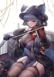 Rule 34 | 1girl, animal hat, azur lane, bare shoulders, black hat, black panties, blue eyes, blue flower, blue hair, blue rose, bow (music), breasts, cat hat, cheshire (azur lane), cheshire (cait sith crooner) (azur lane), china dress, chinese clothes, covered erect nipples, covered navel, curvy, dress, elbow gloves, feather boa, flower, gloves, hat, instrument, lace, lace-trimmed panties, lace trim, large breasts, music, official alternate costume, panties, pelvic curtain, playing instrument, purple dress, purple gloves, revealing clothes, rhasta, rose, see-through, short hair, sitting, skindentation, solo, thick thighs, thighhighs, thighs, underwear, violin