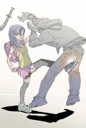 Rule 34 | 1boy, 1girl, android, arm grab, backpack, bag, ball busting, bdsm, bike shorts, cbt, commentary request, crotch kick, full body, gradient background, green eyes, grey hair, highres, hood, hooded jacket, jacket, kicking, knife, original, partially colored, pink skirt, randoseru, shirt, simple background, skirt, sukabu, thighhighs, weapon, yellow shirt