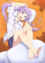 1girl barefoot blue_panties blush breasts collarbone feet female_focus flower foot_focus groin hair_flower hair_ornament long_hair nakta new_game! open_mouth panties pillow purple_eyes purple_hair skirt small_breasts soles solo suzukaze_aoba sweat toes twintails underwear