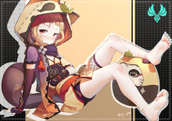 Rule 34 | 1girl, absurdres, animal ears, animal hood, arm guards, asymmetrical gloves, bare legs, barefoot, black gloves, black scarf, blunt bangs, blush, commentary request, daruma doll, fake animal ears, fake tail, feet, fingerless gloves, fishnets, genshin impact, gloves, hair between eyes, highres, hokushuu, hood, japanese clothes, leaf, leaf on head, looking at viewer, mismatched gloves, muji-muji daruma (genshin impact), ninja, obi, orange eyes, raccoon ears, raccoon hood, raccoon tail, sash, sayu (genshin impact), scarf, short hair, short sleeves, shuriken, sidelocks, signature, silver hair, simple background, sitting, soles, solo, tail, toes, weapon