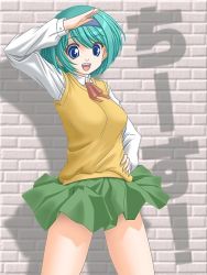 Rule 34 | 00s, 1girl, blue eyes, breasts, brick wall, green hair, green skirt, hairband, hand on own hip, school uniform, short hair, skirt, solo, sweater vest, t2r, to heart (series), to heart 2, yoshioka chie