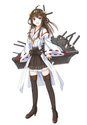 Rule 34 | 10s, 1girl, ahoge, bare shoulders, blush, boots, brown hair, detached sleeves, double bun, frilled skirt, frills, full body, hair ornament, hairband, highres, japanese clothes, kantai collection, kongou (kancolle), long hair, nontraditional miko, personification, pleated skirt, ribbon-trimmed sleeves, ribbon trim, skirt, smile, solo, take5321, thigh boots, thighhighs, zettai ryouiki